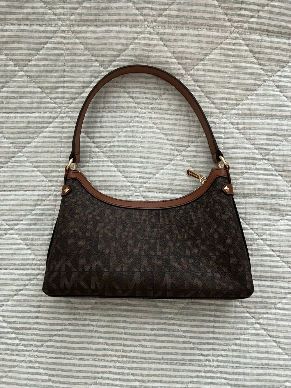 Michael Kors Dark Brown Monogram Shoulder Bag with Gold Hardware